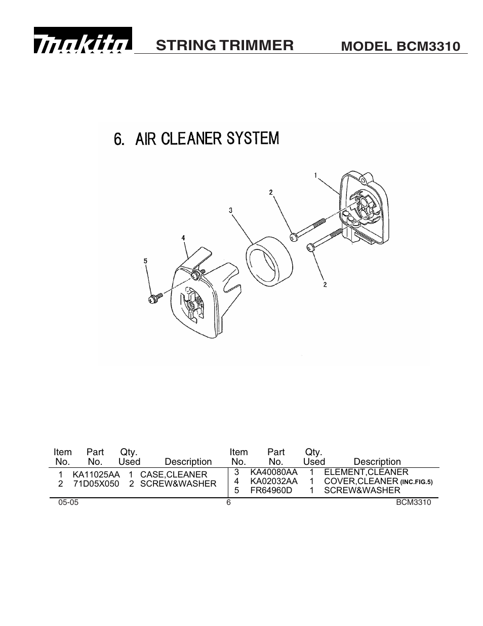 String trimmer, Model bcm3310 | Makita BCM3310 User Manual | Page 6 / 13