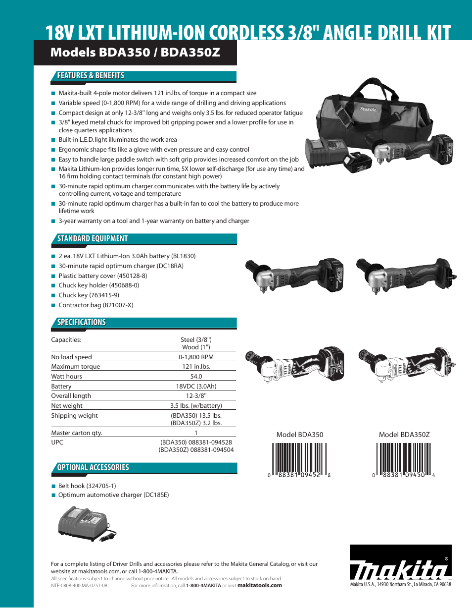 18v lxt lithium-ion cordless 3/8'' angle drill kit, Features & benefits | Makita BDA350Z User Manual | Page 2 / 2