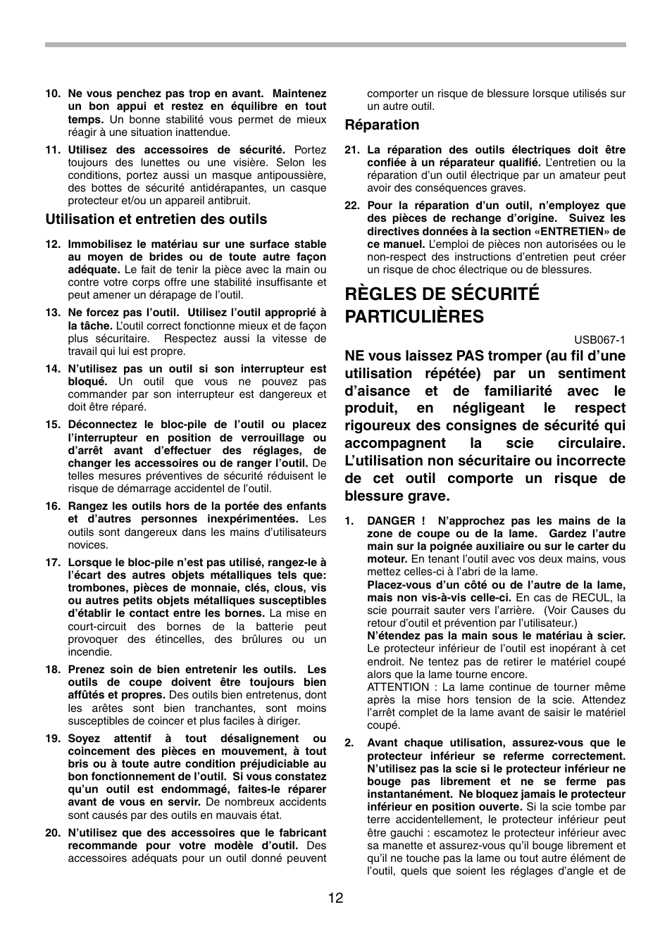 Règles de sécurité particulières, Utilisation et entretien des outils, Réparation | Makita 5620D User Manual | Page 12 / 32
