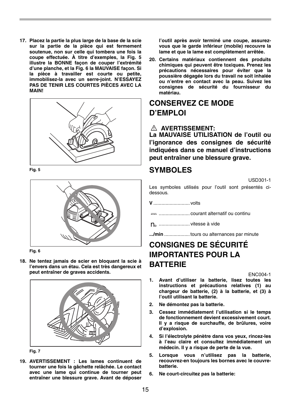 Conservez ce mode d’emploi, Symboles, Consignes de sécurité importantes pour la batterie | Makita 5620D User Manual | Page 15 / 32
