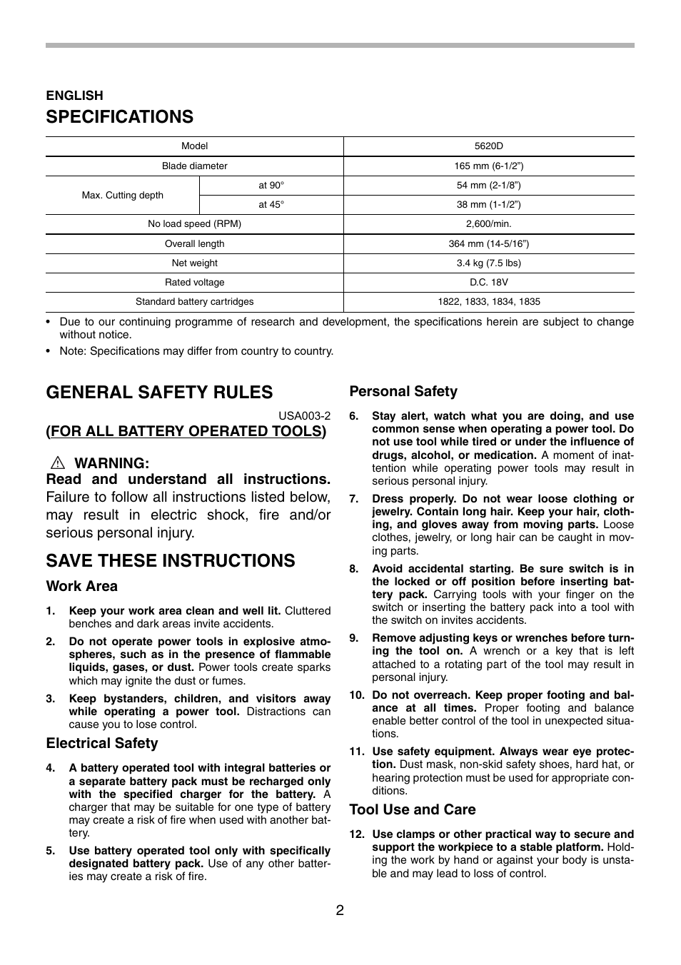 Specifications, General safety rules, Save these instructions | Work area, Electrical safety, Personal safety, Tool use and care | Makita 5620D User Manual | Page 2 / 32