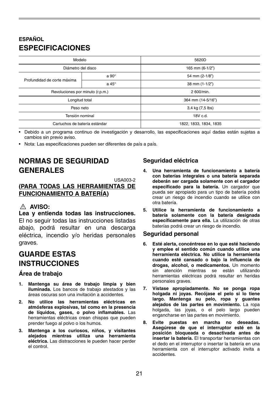 Especificaciones, Normas de seguridad generales, Guarde estas instrucciones | Área de trabajo, Seguridad eléctrica, Seguridad personal | Makita 5620D User Manual | Page 21 / 32
