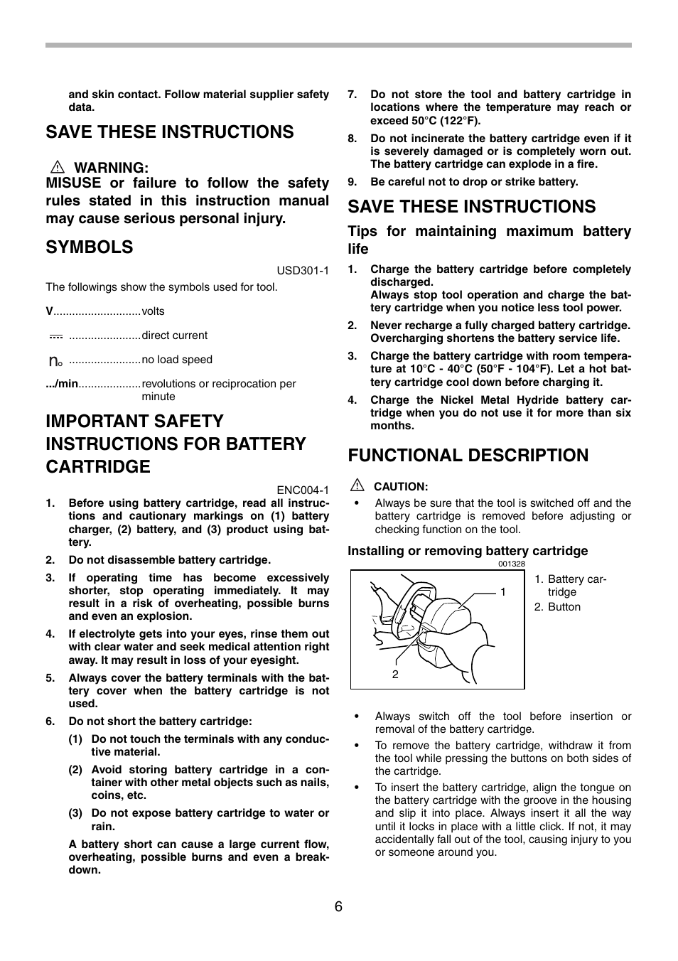Save these instructions, Symbols, Functional description | Tips for maintaining maximum battery life | Makita 5620D User Manual | Page 6 / 32