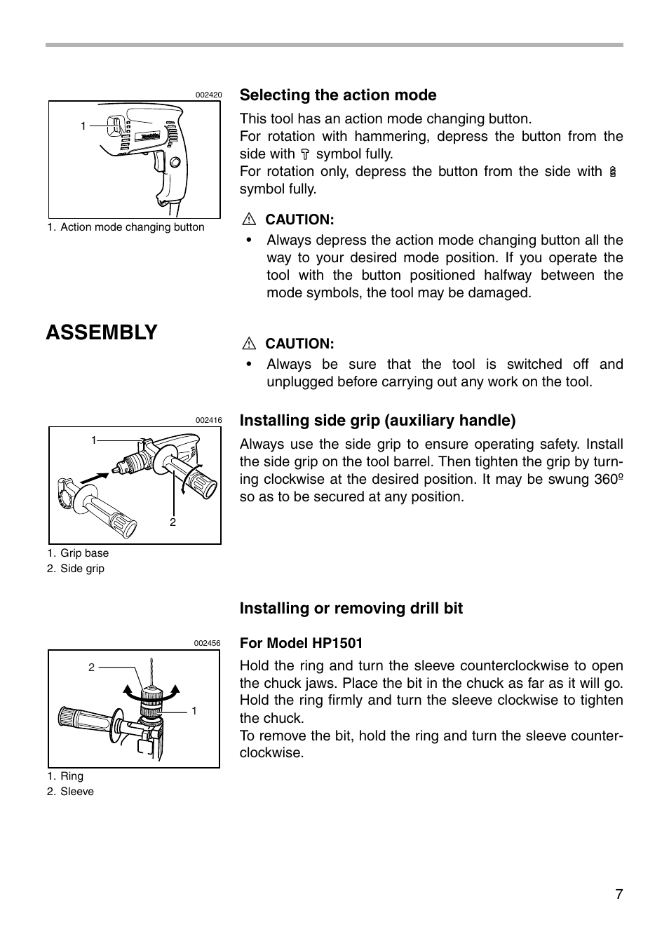 Assembly, Selecting the action mode, Installing side grip (auxiliary handle) | Installing or removing drill bit | Makita HP1500 User Manual | Page 7 / 16