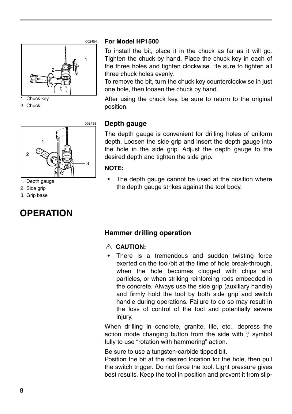 Operation, Depth gauge, Hammer drilling operation | Makita HP1500 User Manual | Page 8 / 16