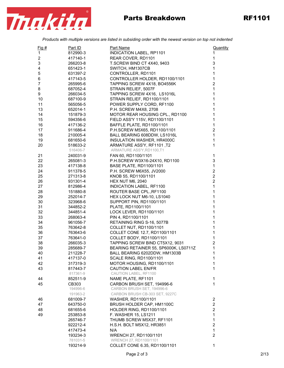 Parts breakdown rf1101 | Makita RF110 User Manual | Page 2 / 3