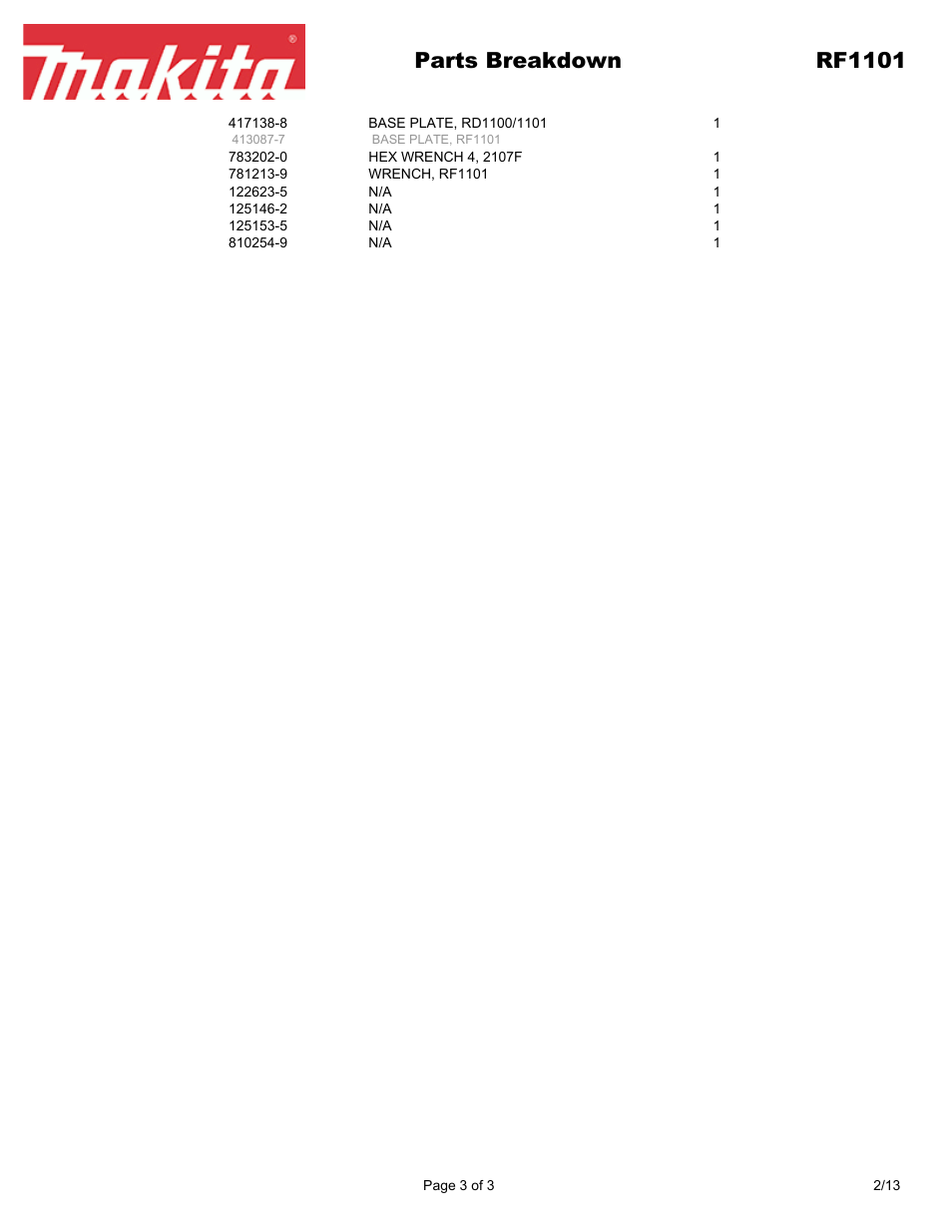 Parts breakdown rf1101 | Makita RF110 User Manual | Page 3 / 3