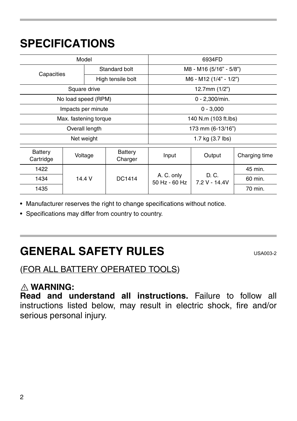 Specifications, General safety rules | Makita 6934FD User Manual | Page 2 / 20