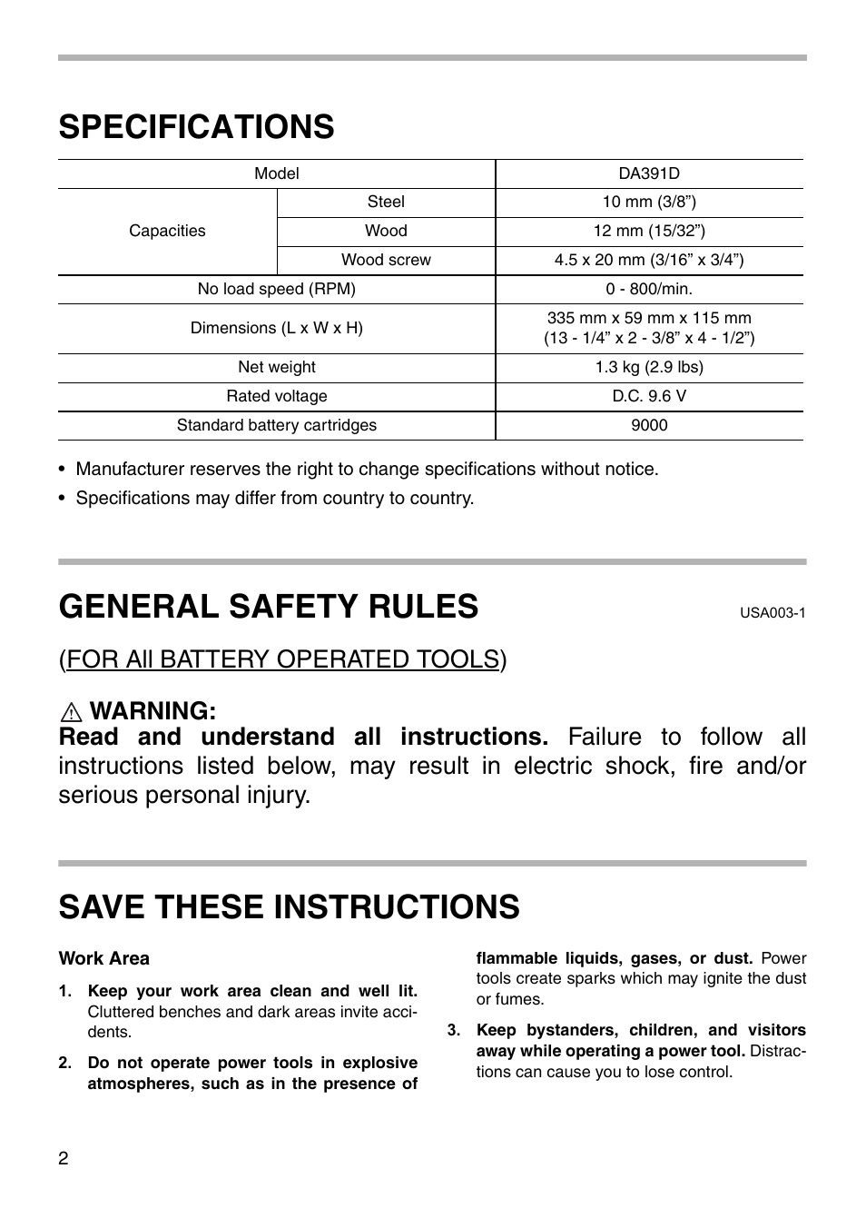 Specifications, General safety rules, Save these instructions | Makita DA391D User Manual | Page 2 / 16