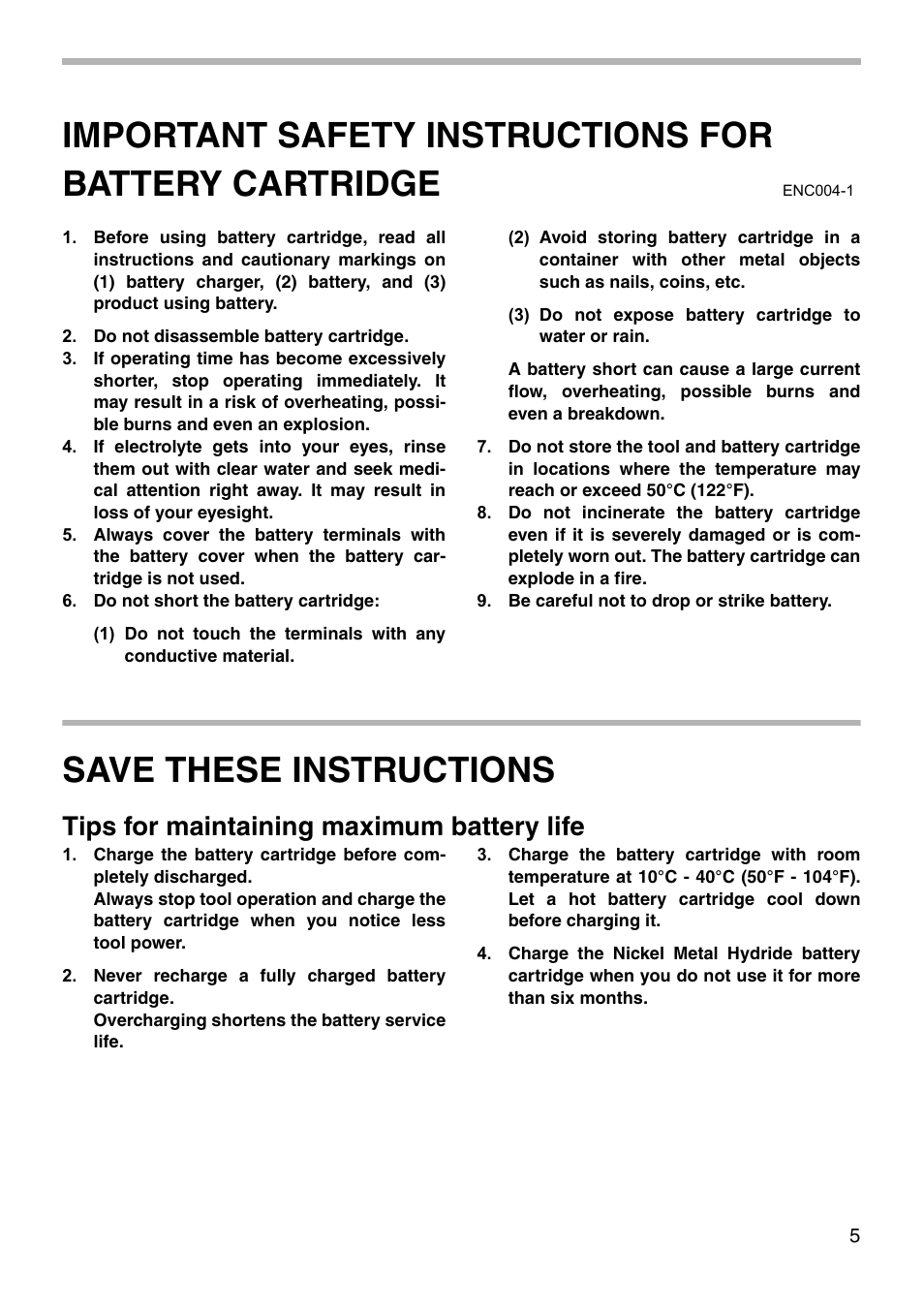 Save these instructions, Tips for maintaining maximum battery life | Makita DA391D User Manual | Page 5 / 16