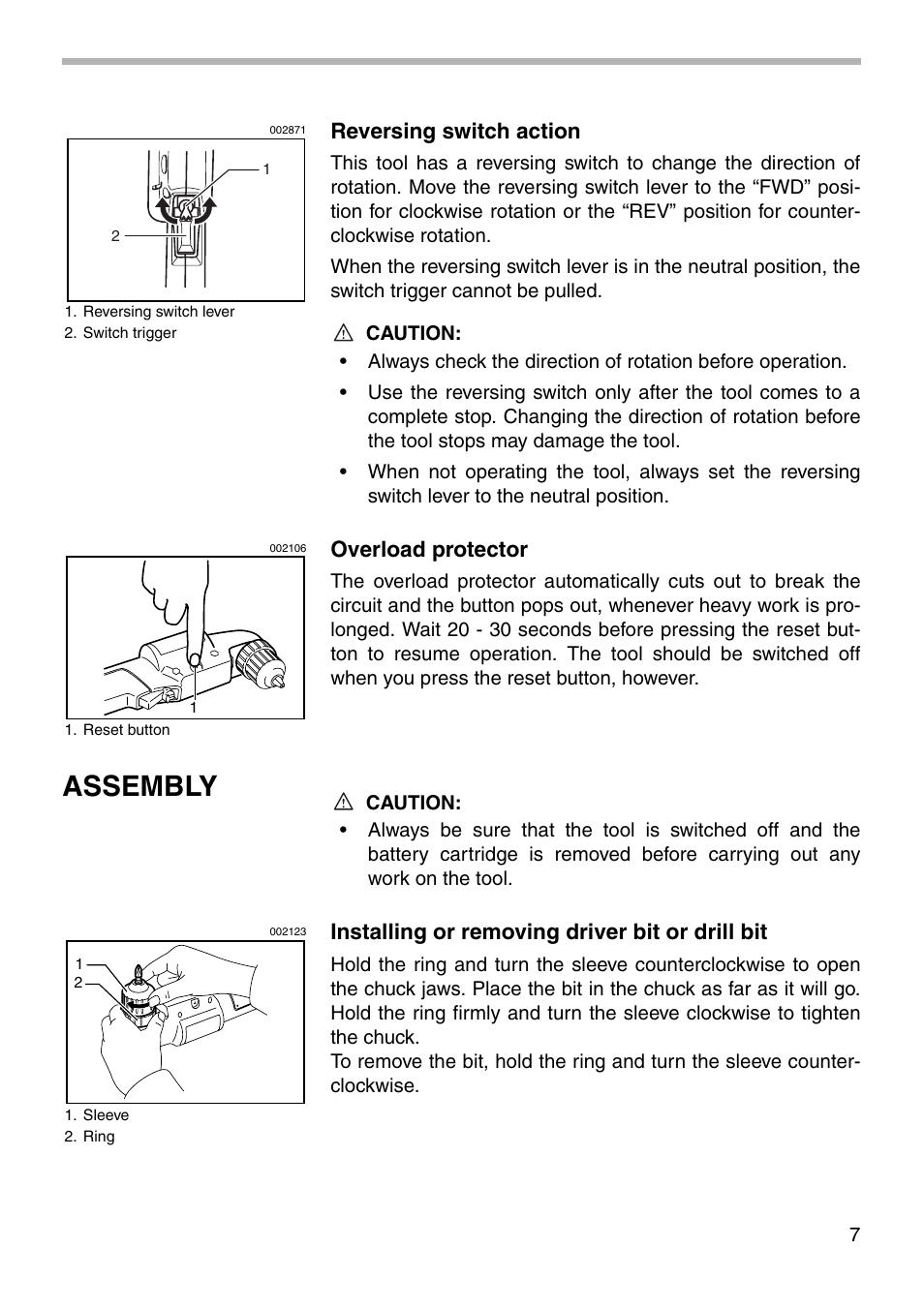 Assembly, Reversing switch action, Overload protector | Installing or removing driver bit or drill bit | Makita DA391D User Manual | Page 7 / 16