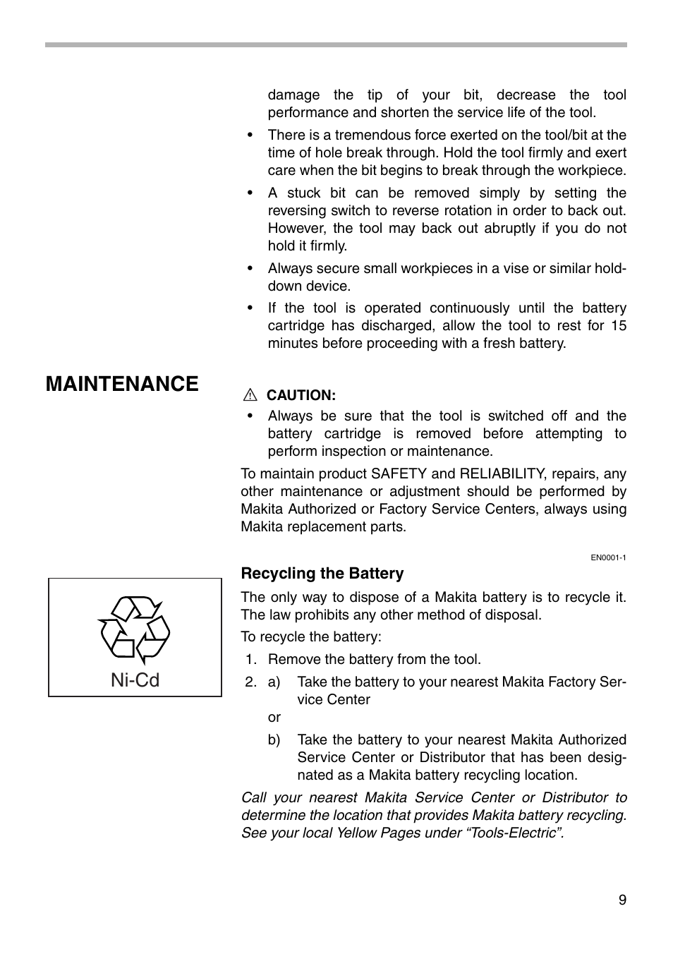 Maintenance, Ni-cd | Makita DA391D User Manual | Page 9 / 16
