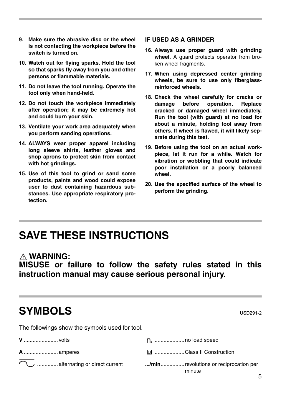 Save these instructions, Symbols | Makita 9060DBL User Manual | Page 5 / 16