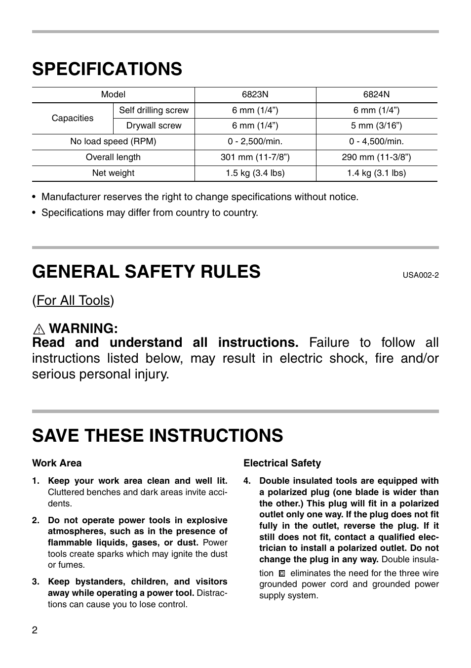 Specifications, General safety rules, Save these instructions | Makita 6823N 6824N User Manual | Page 2 / 16