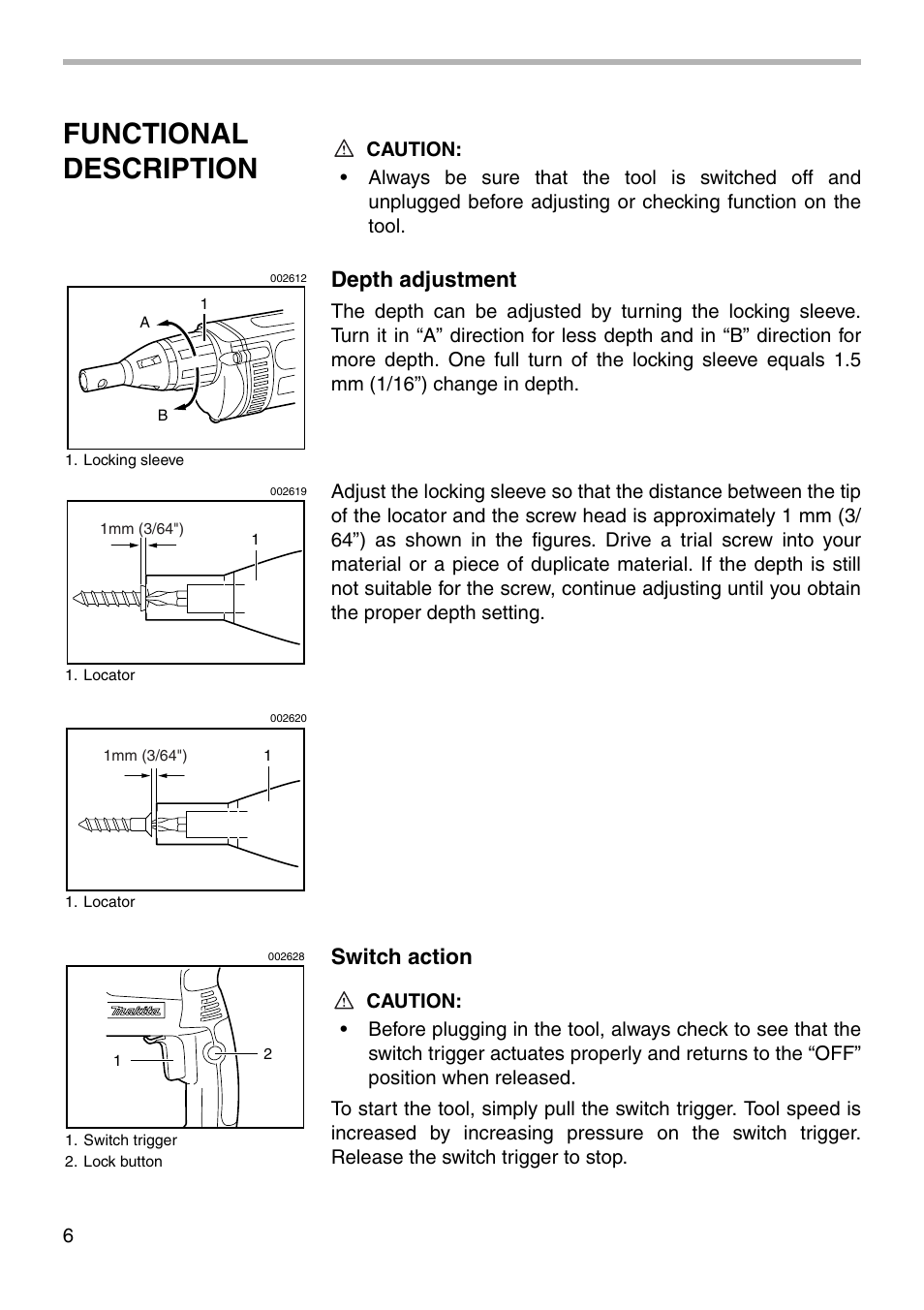 Functional description, Depth adjustment, Switch action | Makita 6823N 6824N User Manual | Page 6 / 16