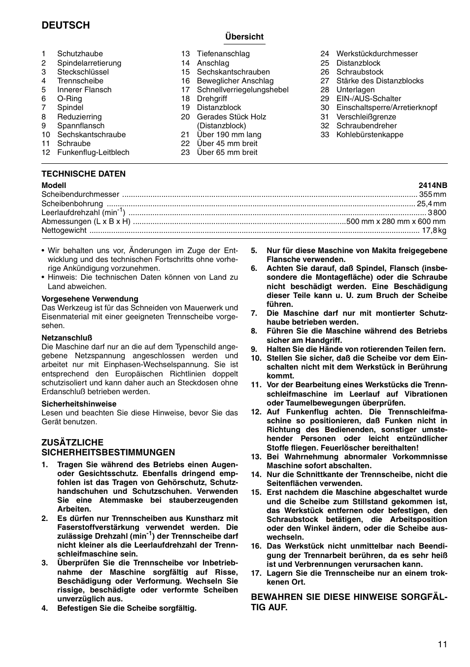 Deutsch | Makita 2414NB User Manual | Page 11 / 48