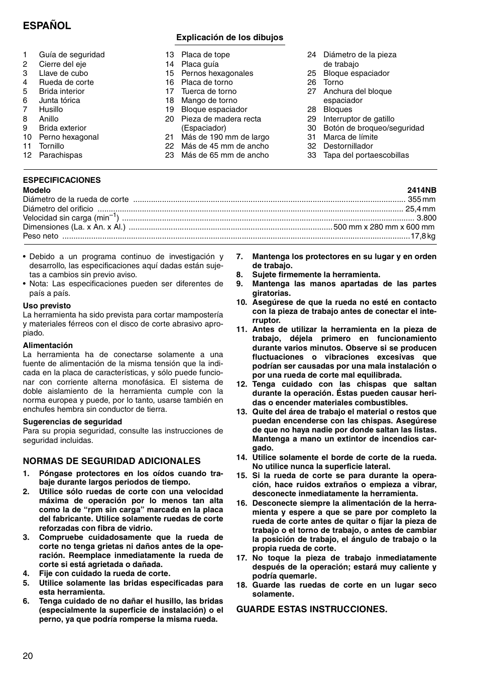 Español | Makita 2414NB User Manual | Page 20 / 48