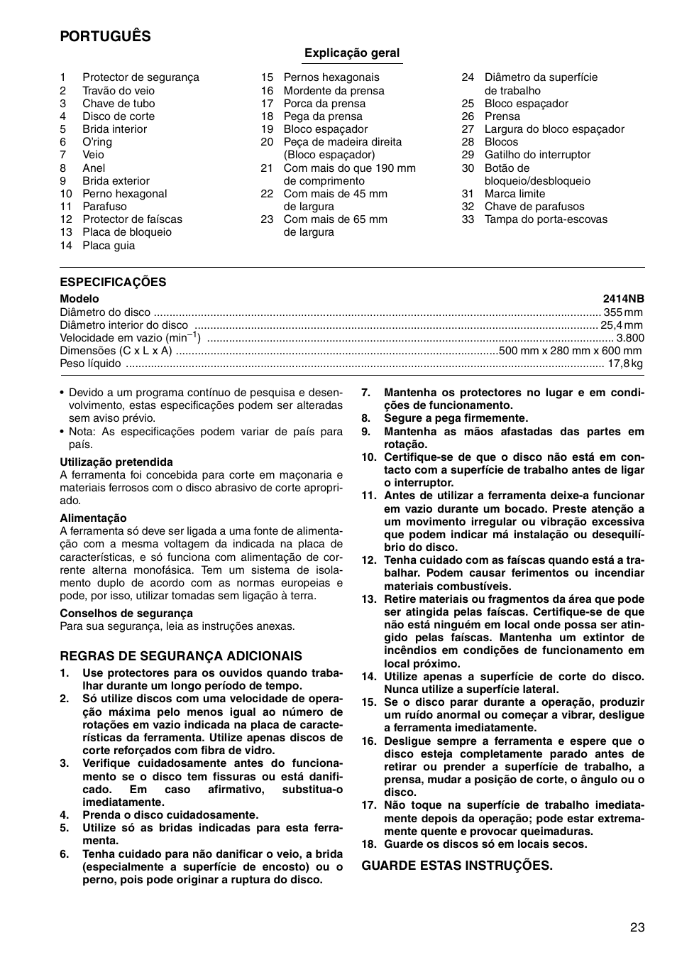 Português | Makita 2414NB User Manual | Page 23 / 48