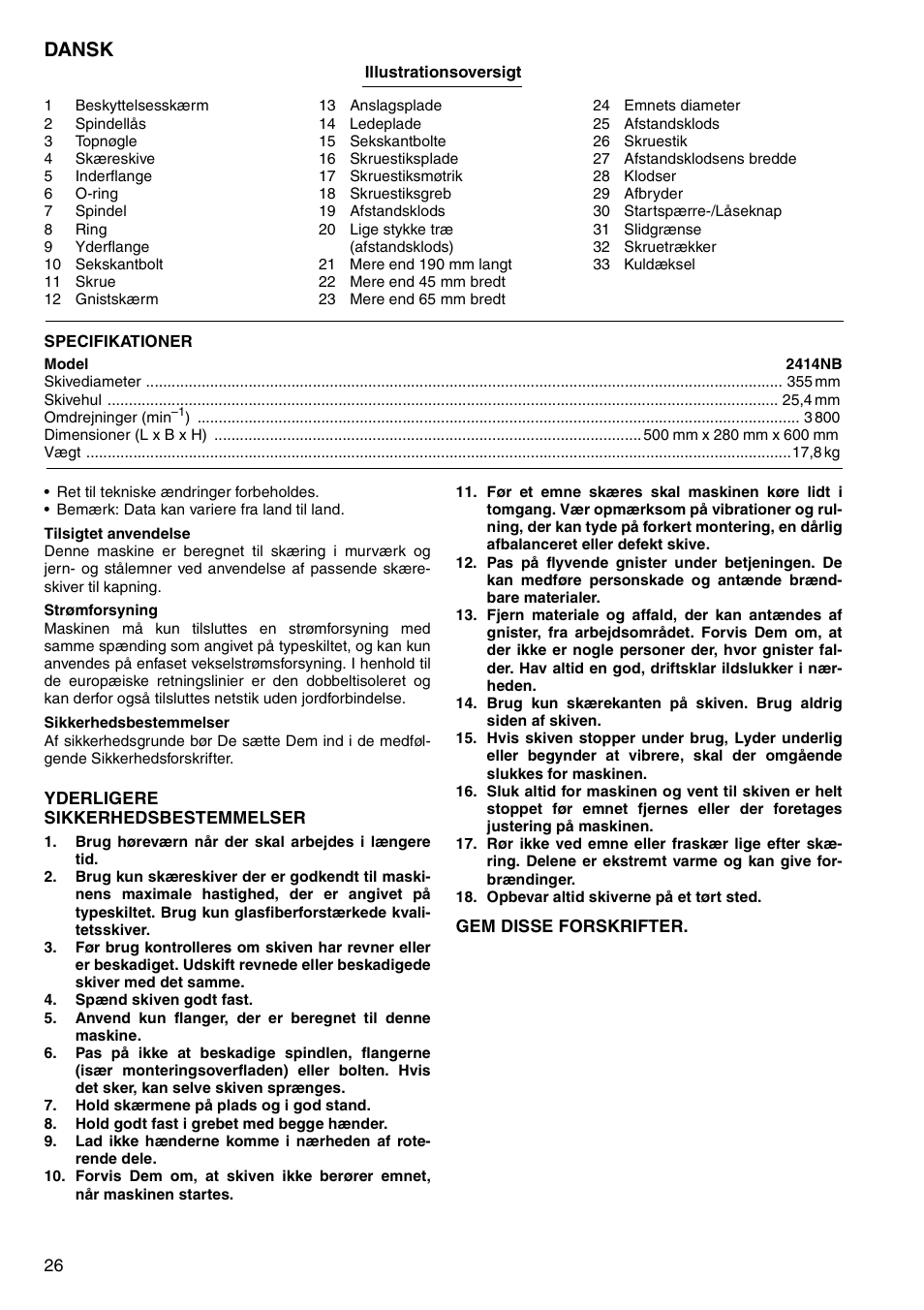 Dansk | Makita 2414NB User Manual | Page 26 / 48