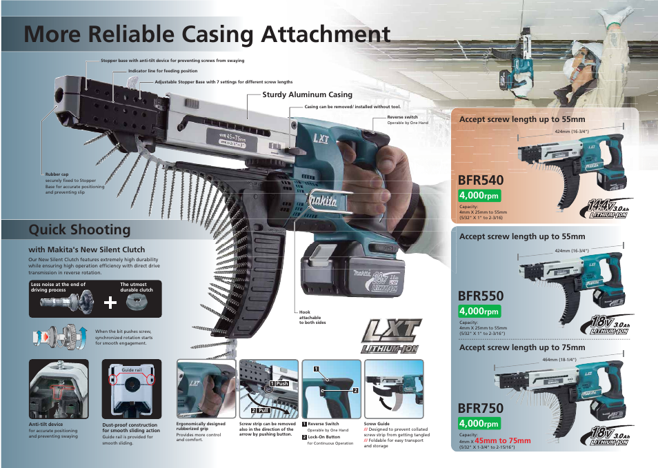 More reliable casing attachment, Quick shooting, Bfr540 | Bfr750, Bfr550 | Makita BFR750 User Manual | Page 2 / 2