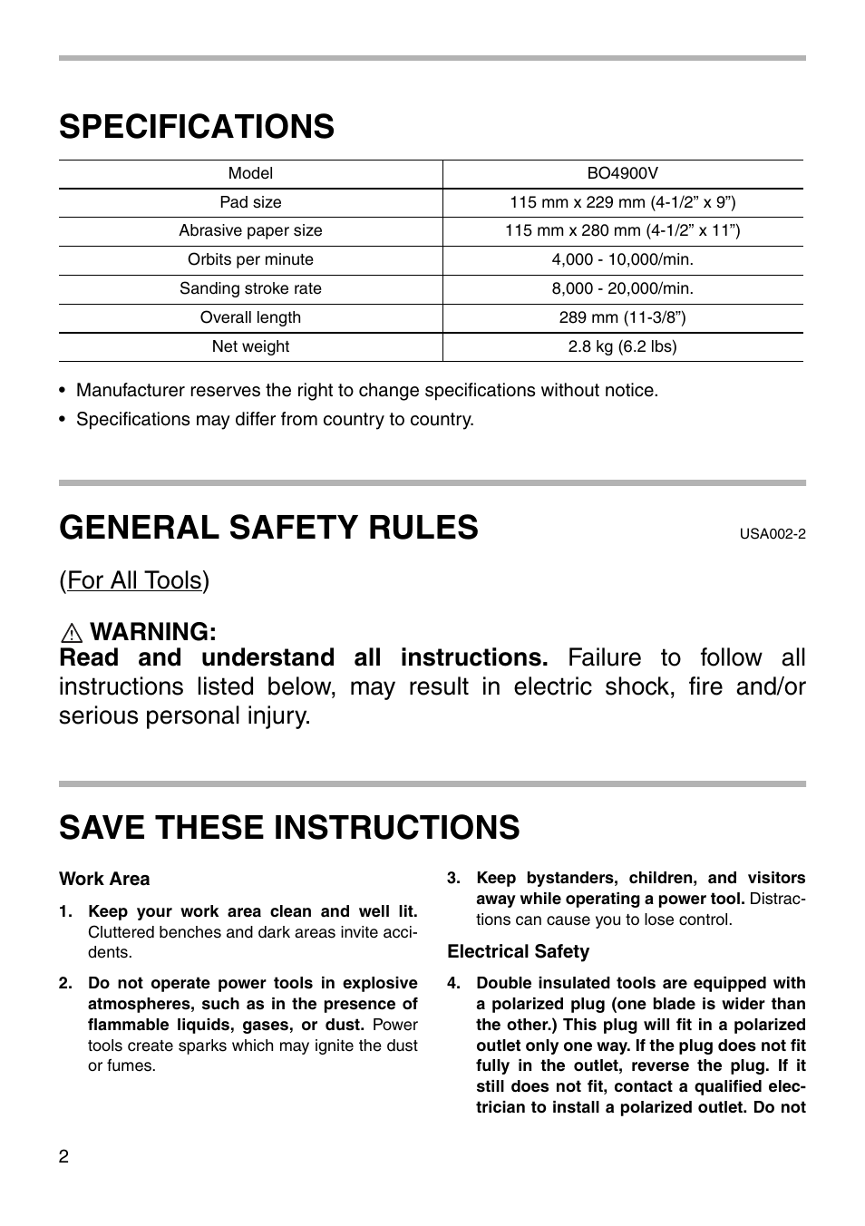 Specifications, General safety rules, Save these instructions | Makita BO4900V User Manual | Page 2 / 16