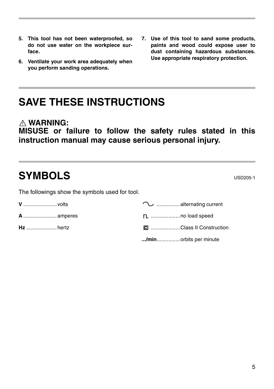 Save these instructions, Symbols | Makita BO4900V User Manual | Page 5 / 16