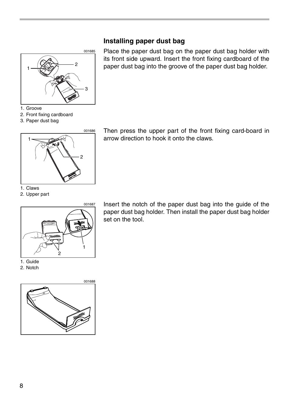 Installing paper dust bag | Makita BO4900V User Manual | Page 8 / 16