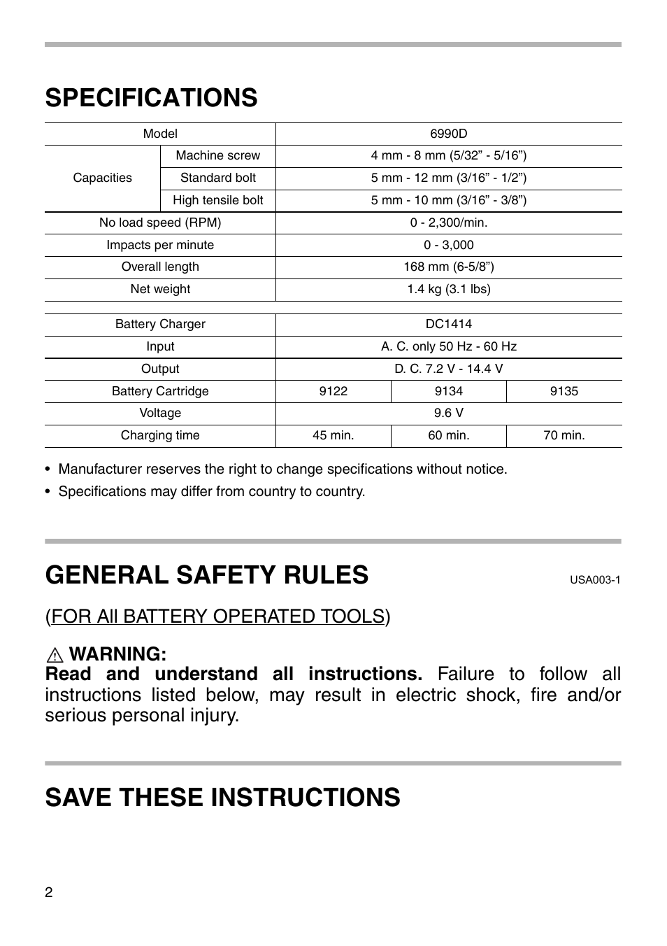Specifications, General safety rules, Save these instructions | Makita 6990D User Manual | Page 2 / 20