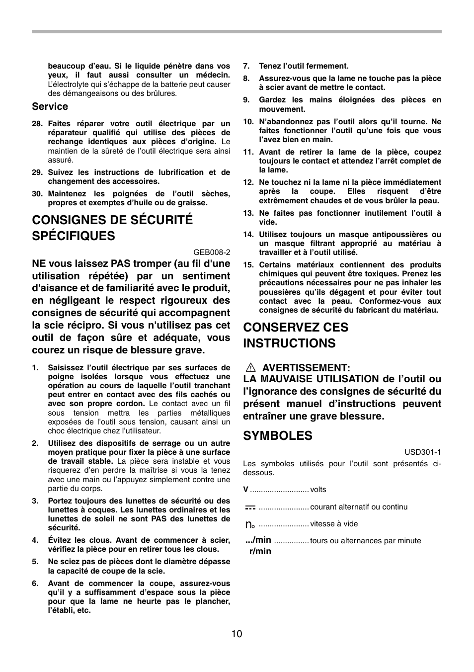 Consignes de sécurité spécifiques, Conservez ces instructions, Symboles | Service | Makita BJR181 User Manual | Page 10 / 24