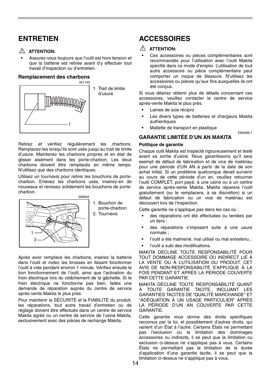 Entretien, Accessoires | Makita BJR181 User Manual | Page 14 / 24