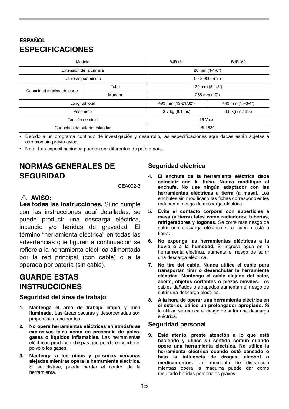 Especificaciones, Normas generales de seguridad, Guarde estas instrucciones | Seguridad del área de trabajo, Seguridad eléctrica, Seguridad personal | Makita BJR181 User Manual | Page 15 / 24
