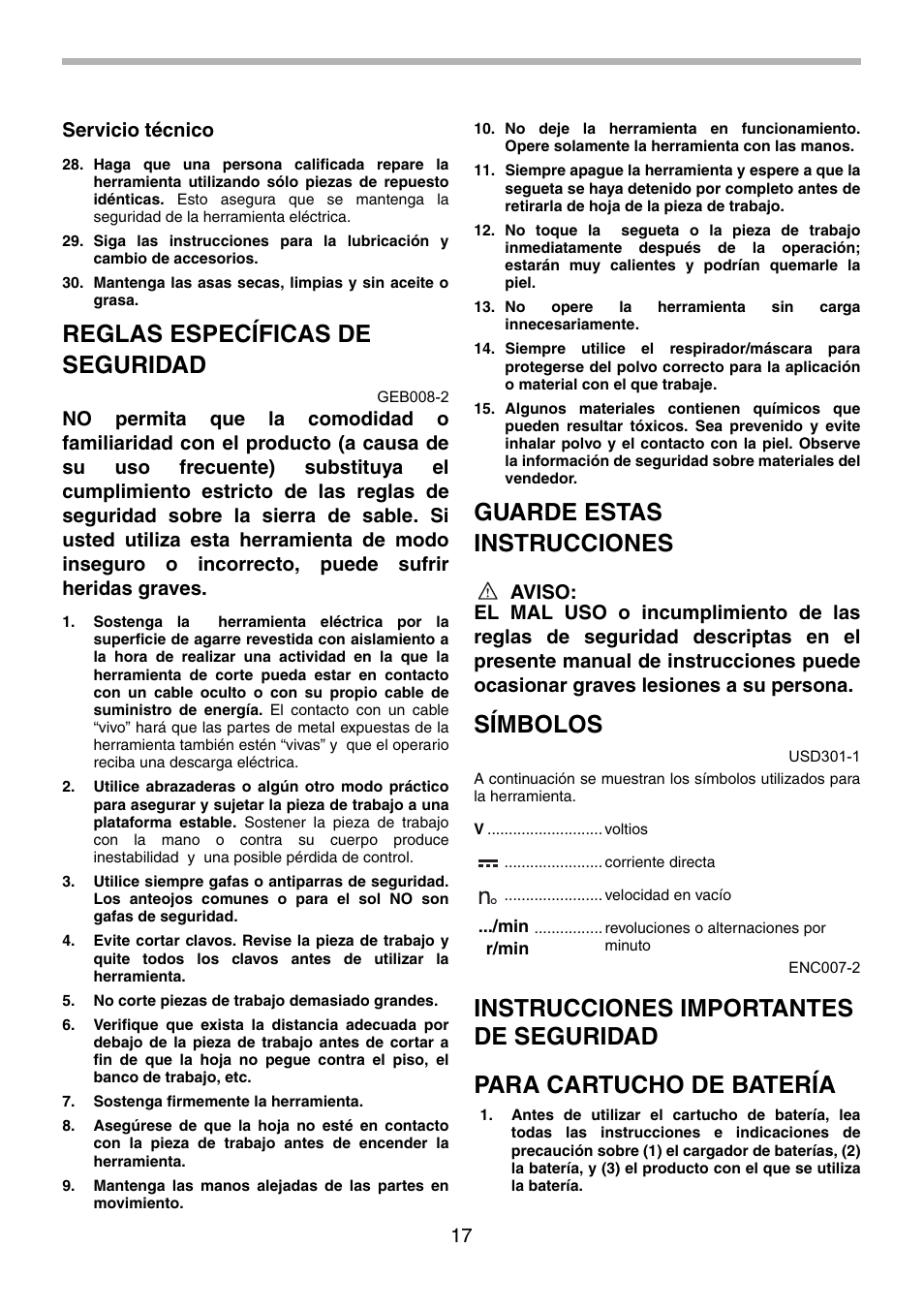 Reglas específicas de seguridad, Guarde estas instrucciones, Símbolos | 17 servicio técnico | Makita BJR181 User Manual | Page 17 / 24