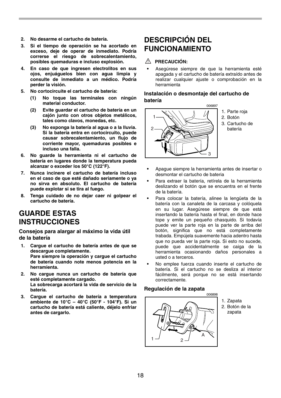 Guarde estas instrucciones, Descripción del funcionamiento | Makita BJR181 User Manual | Page 18 / 24