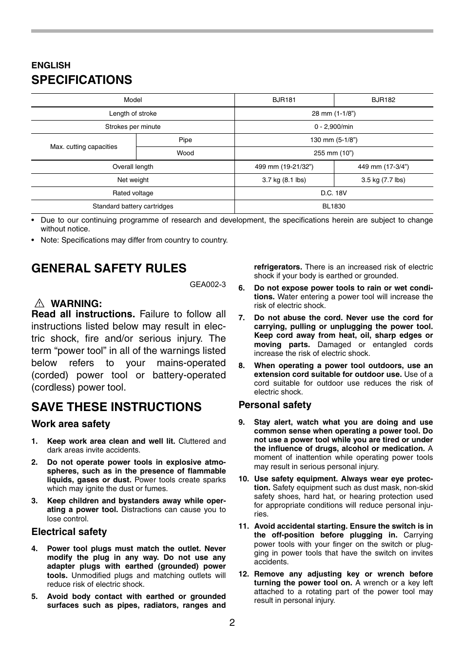 Specifications, General safety rules, Save these instructions | Work area safety, Electrical safety, Personal safety | Makita BJR181 User Manual | Page 2 / 24