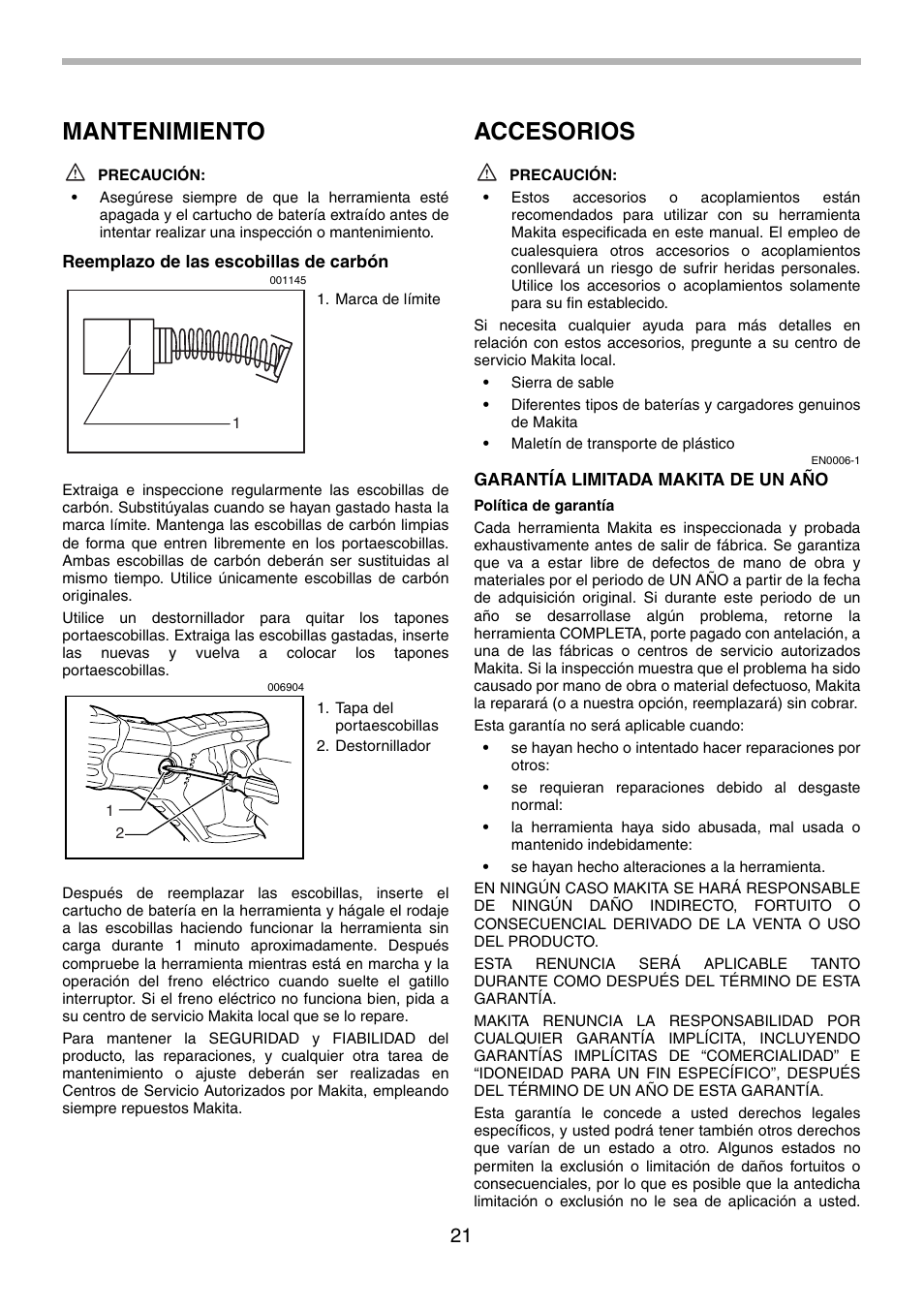 Mantenimiento, Accesorios | Makita BJR181 User Manual | Page 21 / 24