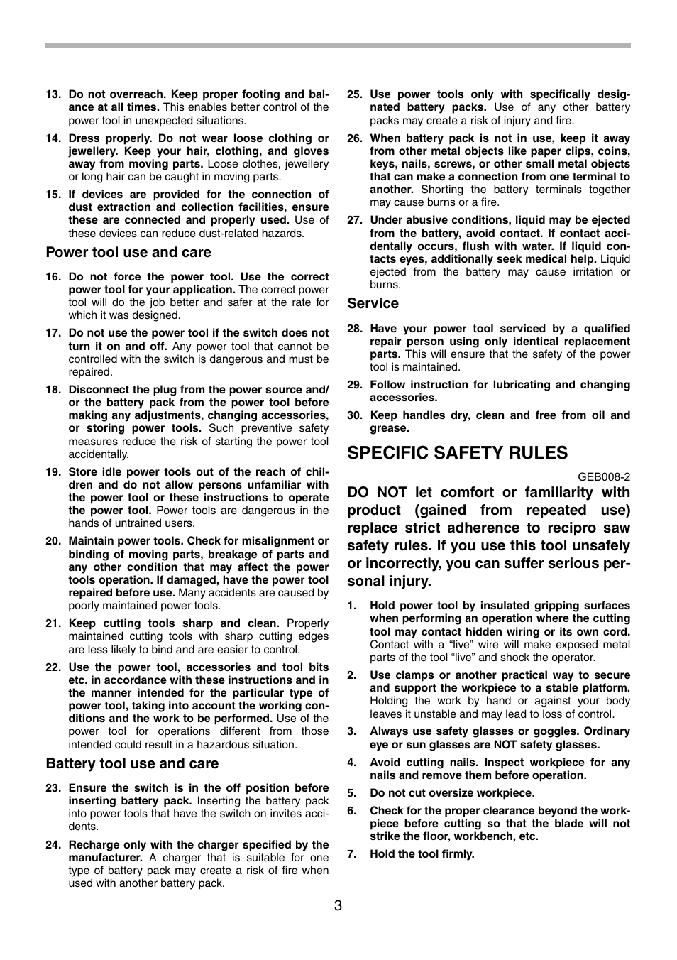 Specific safety rules, Power tool use and care, Battery tool use and care | Service | Makita BJR181 User Manual | Page 3 / 24