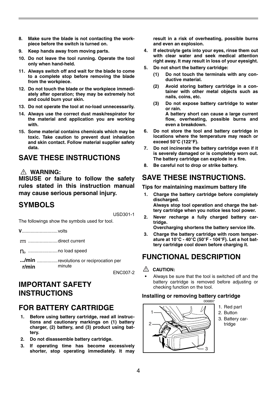 Save these instructions, Symbols, Functional description | Makita BJR181 User Manual | Page 4 / 24
