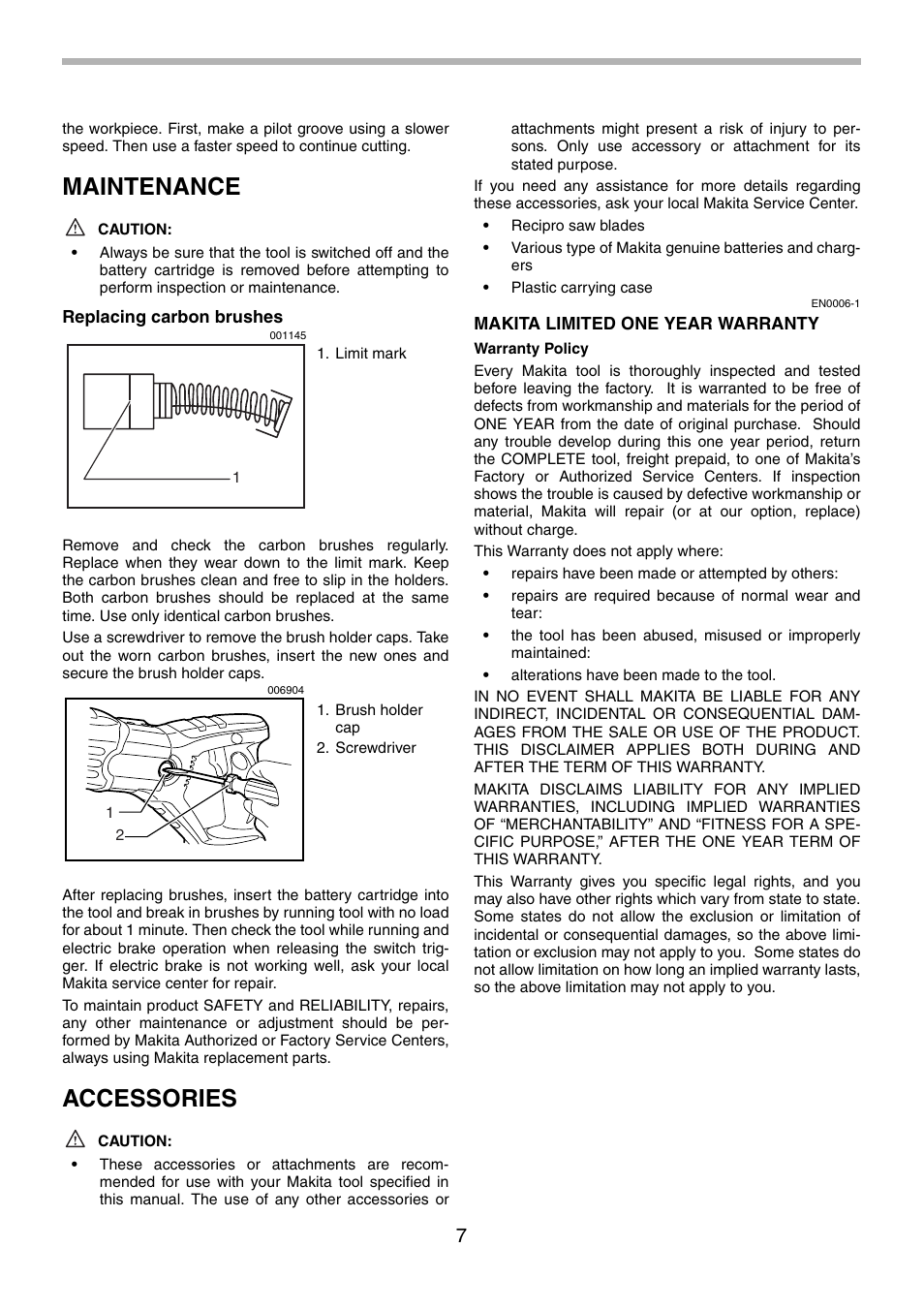 Maintenance, Accessories | Makita BJR181 User Manual | Page 7 / 24