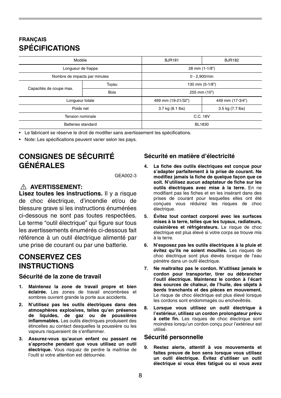 Spécifications, Consignes de sécurité générales, Conservez ces instructions | Sécurité de la zone de travail, Sécurité en matière d’électricité, Sécurité personnelle | Makita BJR181 User Manual | Page 8 / 24