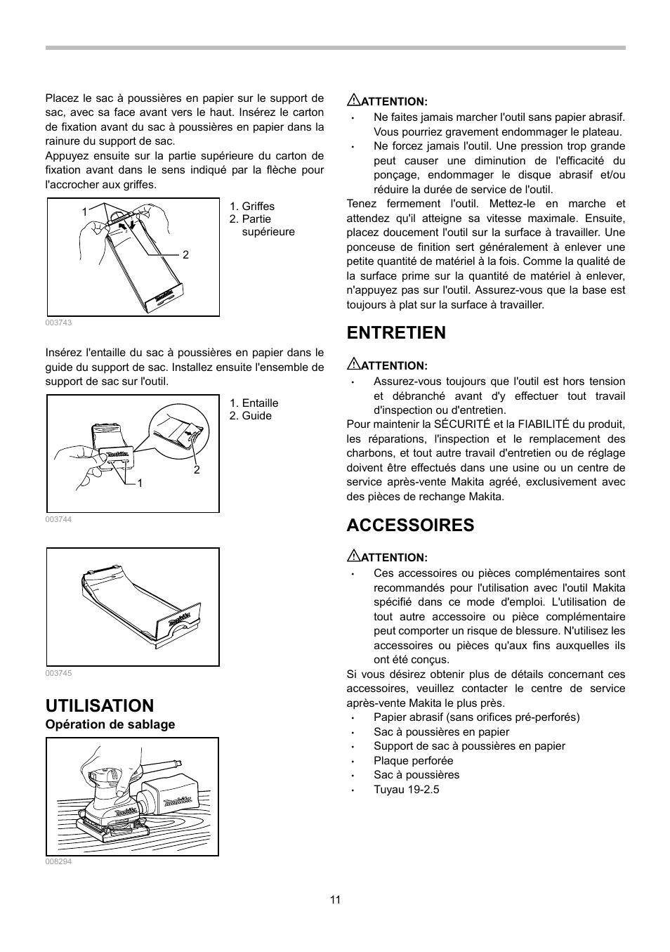Utilisation, Entretien, Accessoires | Makita BO4556 User Manual | Page 11 / 20