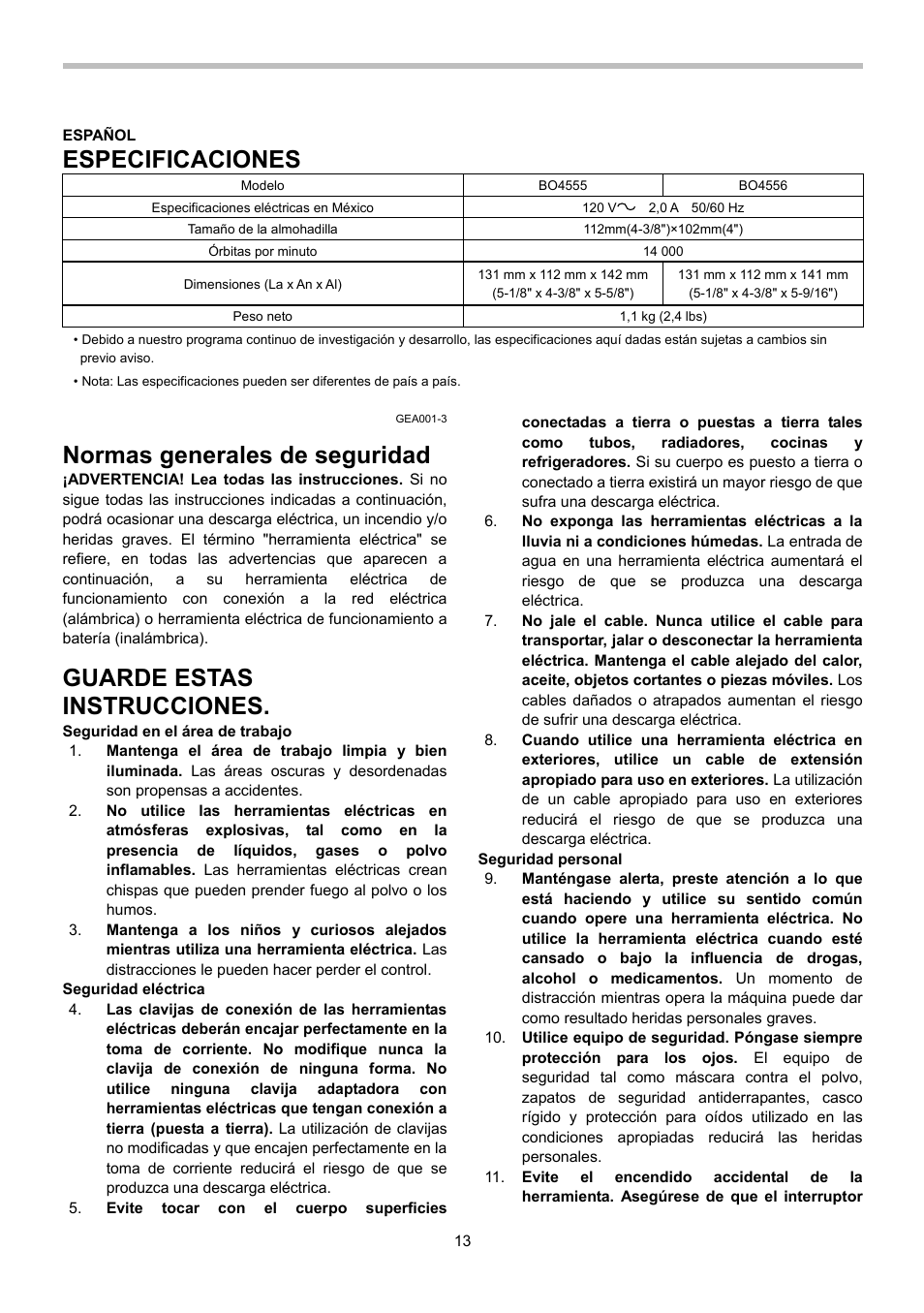 Especificaciones, Normas generales de seguridad, Guarde estas instrucciones | Makita BO4556 User Manual | Page 13 / 20