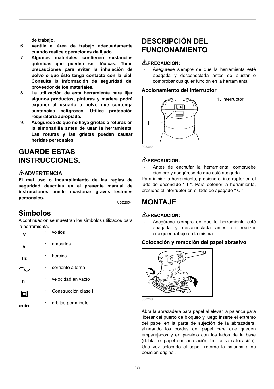 Guarde estas instrucciones, Símbolos, Descripción del funcionamiento | Montaje | Makita BO4556 User Manual | Page 15 / 20
