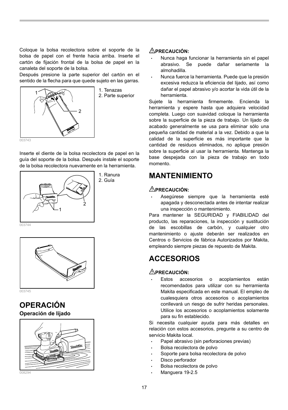 Operación, Mantenimiento, Accesorios | Makita BO4556 User Manual | Page 17 / 20