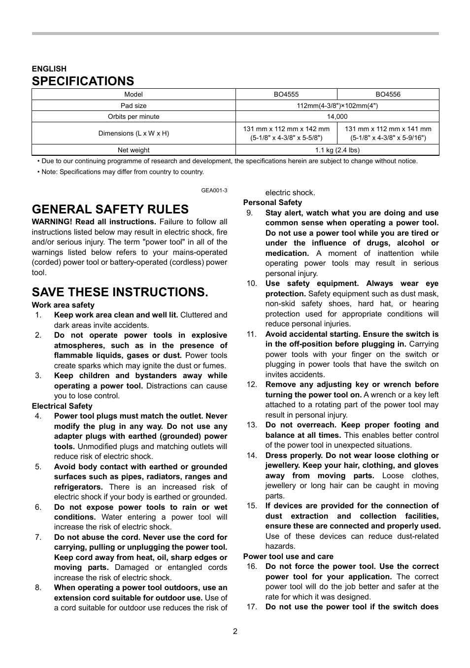 Specifications, General safety rules, Save these instructions | Makita BO4556 User Manual | Page 2 / 20