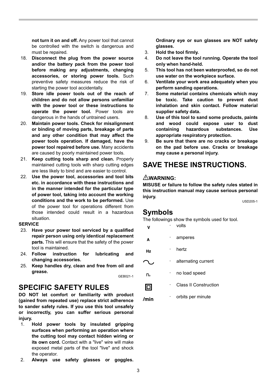 Specific safety rules, Save these instructions, Symbols | Makita BO4556 User Manual | Page 3 / 20