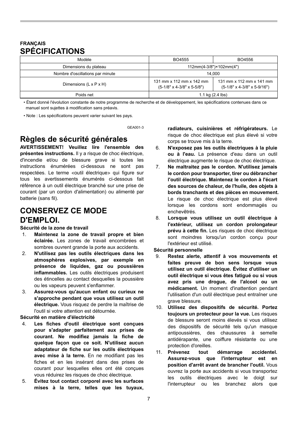 Spécifications, Règles de sécurité générales, Conservez ce mode d'emploi | Makita BO4556 User Manual | Page 7 / 20