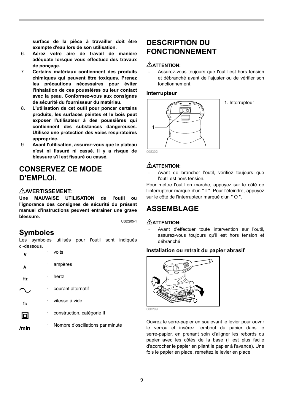 Conservez ce mode d'emploi, Symboles, Description du fonctionnement | Assemblage | Makita BO4556 User Manual | Page 9 / 20