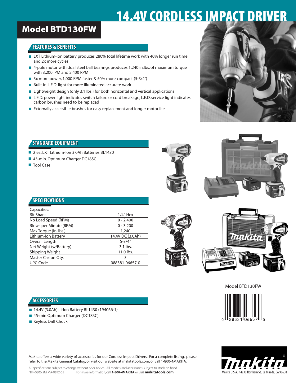 4v cordless impact driver, Model btd130fw, Features & benefits | Makita LXT BTD130FW User Manual | Page 2 / 2
