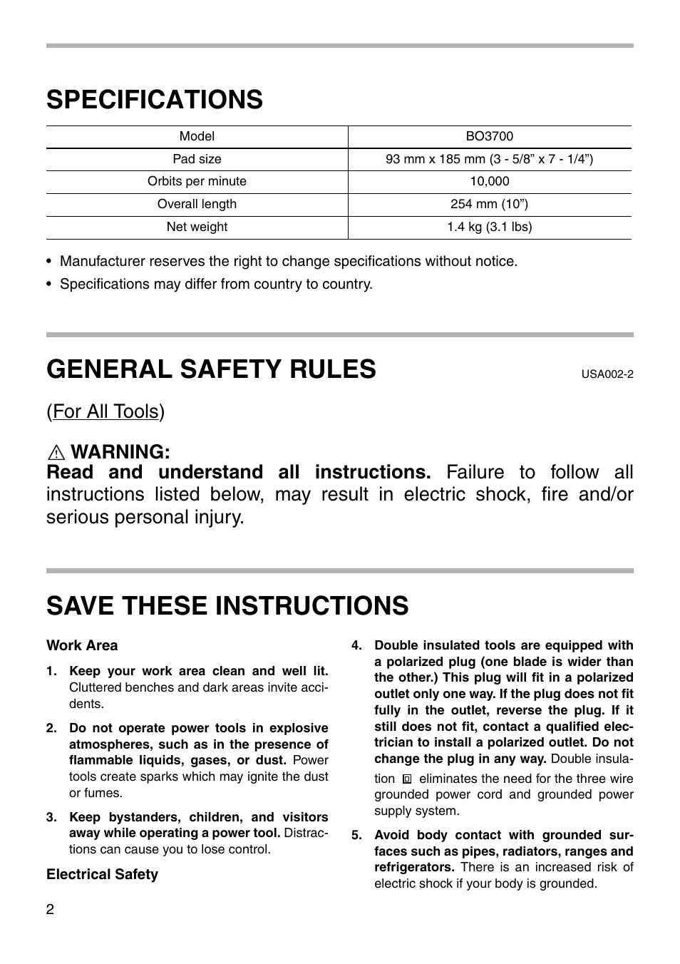 Specifications, General safety rules, Save these instructions | Makita BO3700 User Manual | Page 2 / 16