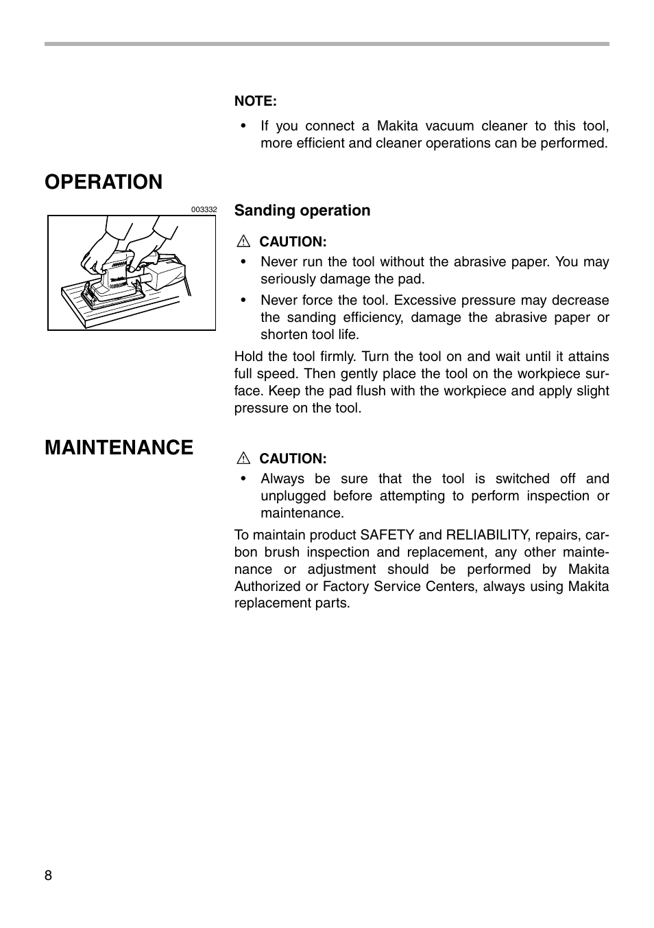Operation, Maintenance | Makita BO3700 User Manual | Page 8 / 16